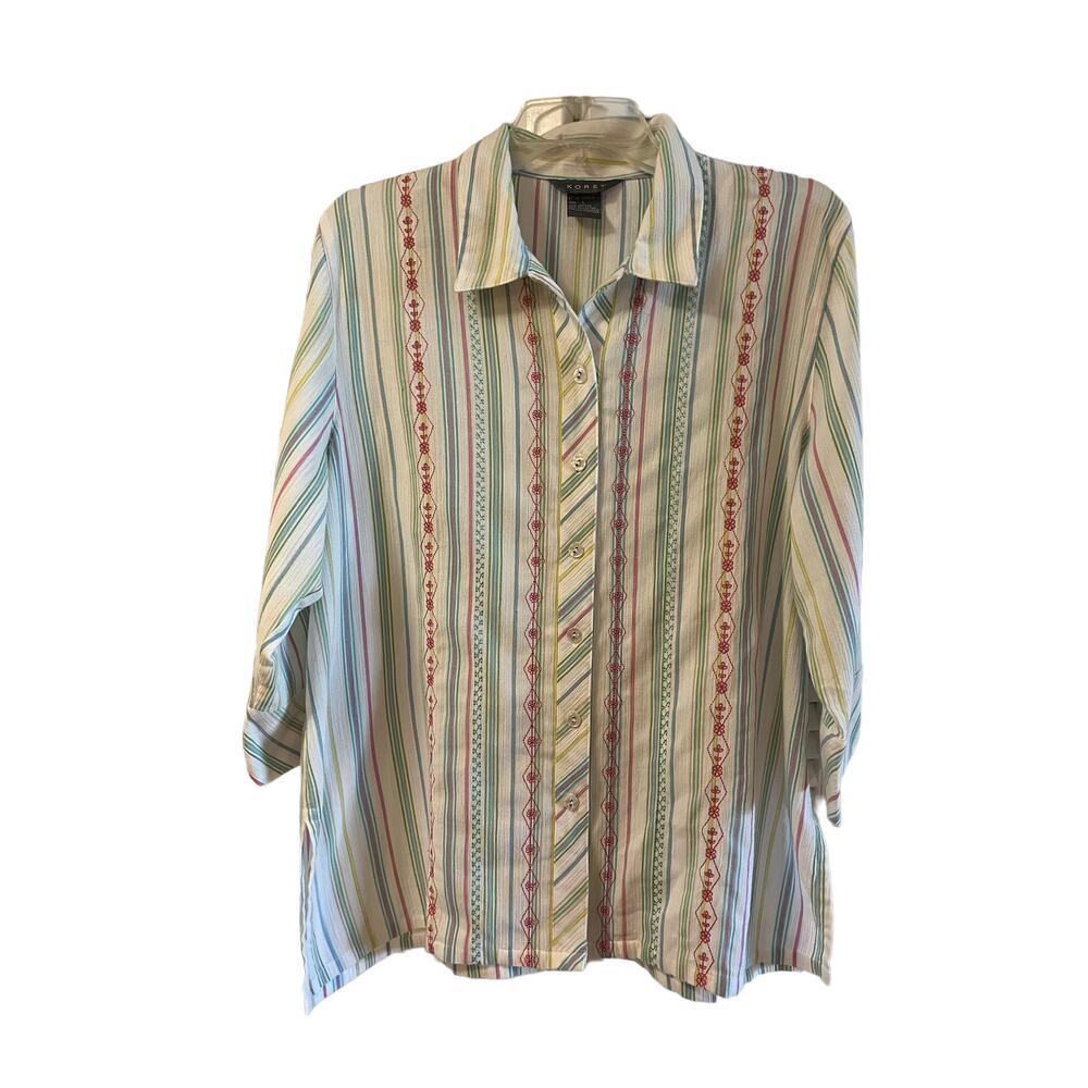 Koret 3/4 Sleeve Embroidered Button Up Cotton Blend Blouse SzL